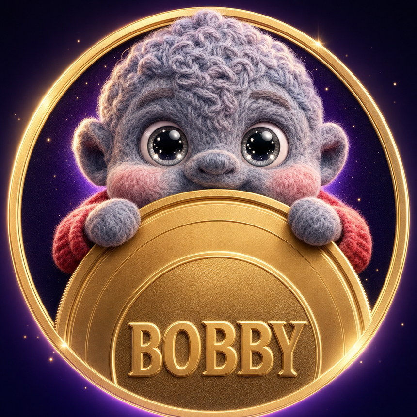 BOBBY — a knitted character with rosy cheeks peering over a gold coin engraved with the name BOBBY
